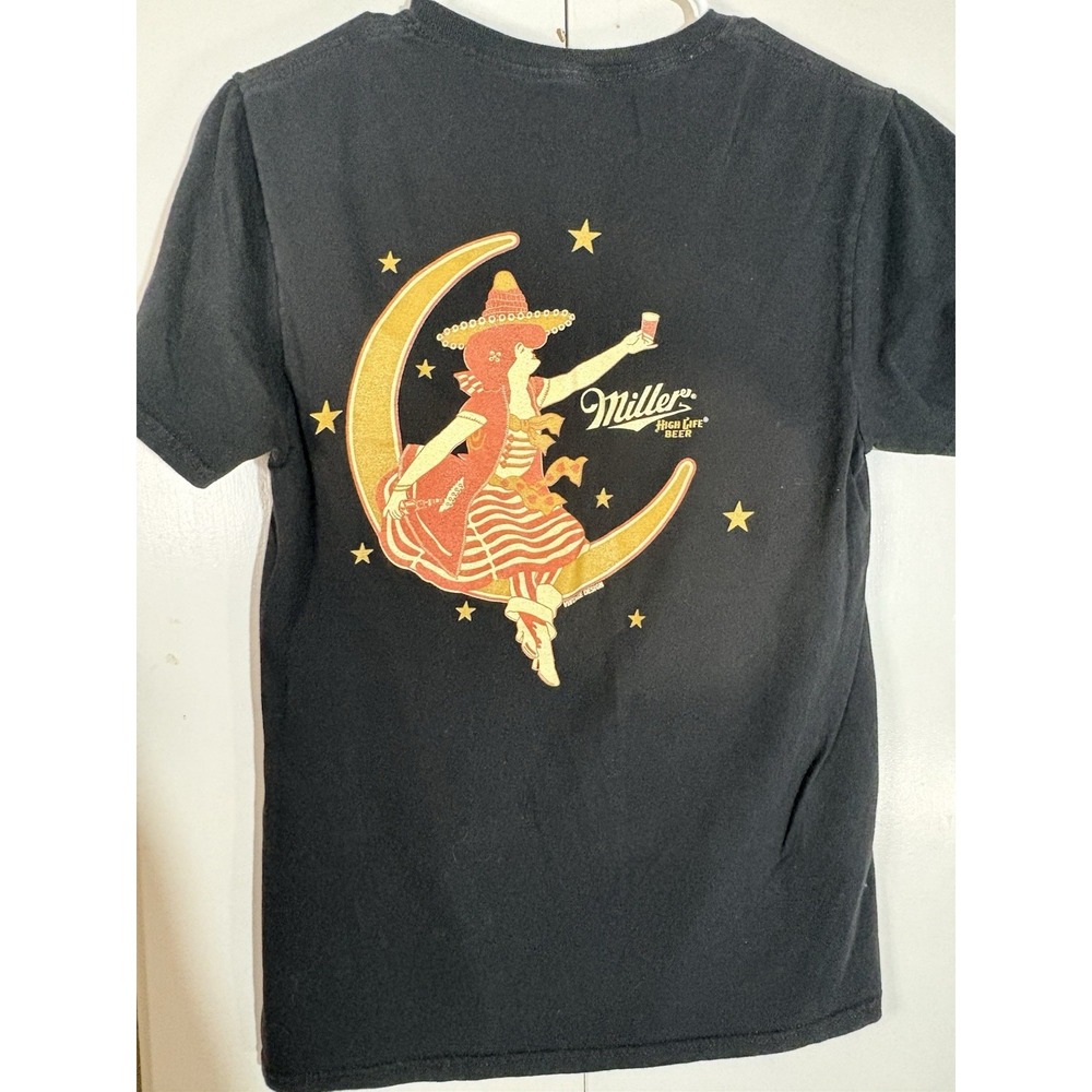 Miller High Life Girl In The Moon Front and Back Print T-Shirt Black Medium - Picture 4 of 5